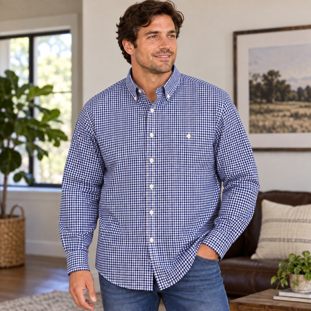 Chas Reed & Co Blue Gingham Check Poplin Shirt Men's 17.5 XL Preppy Heritage VTG